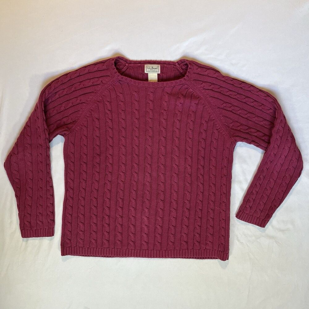 LL Bean Womens Original Maroon Red Cable Knit Cotton Crewneck Sweater Large